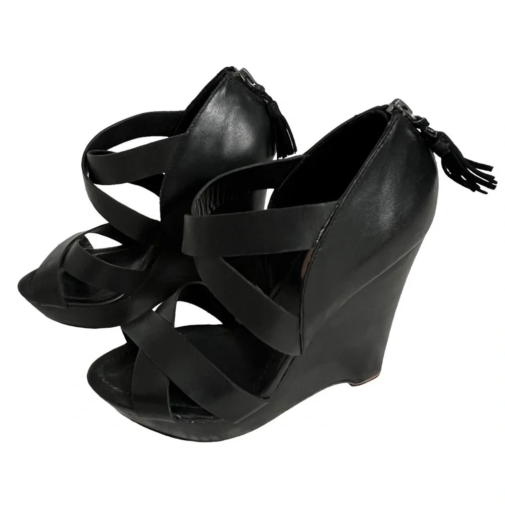 True Religion Strappy Black Leather Wedge Platform Shoes Sandals Size 9